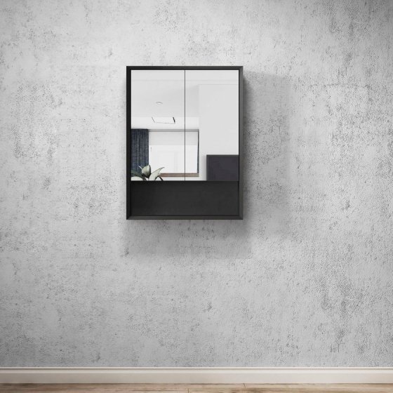 ArcQuay Marlo 600×800 matte black shaving cabinet with shelf