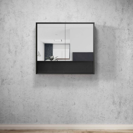 ArcQuay Marlo 900×800 matte black shaving cabinet with shelf