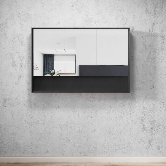 ArcQuay Marlo 1200×800 matte black shaving cabinet with shelf