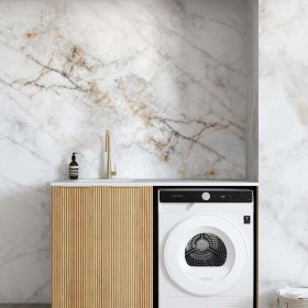 ArcQuay Havana Fluted Woodland Oak Base Laundry Cabinet With Stone Top And Sink 1300X600X900