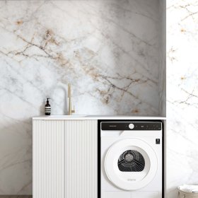 ArcQuay Bondi Fluted White Base Laundry Cabinet With Stone Top And Sink 1300X600X900