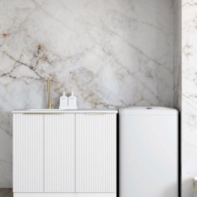 ArcQuay Bondi Fluted White Base Laundry Cabinet With Stone Top And Sink 1060X600X900