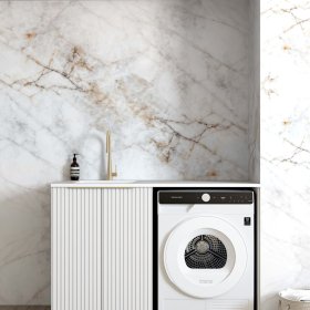 ArcQuay Noosa Fluted White Base Laundry Cabinet with Stone Top and Sink 1300x600x900