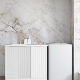 ArcQuay Noosa Fluted White Base Laundry Cabinet with Stone Top and Sink 1060x600x900