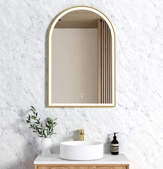 ArcQuay LED Archie 900 H × 600 W gold metal frame arched Tuffi mirror