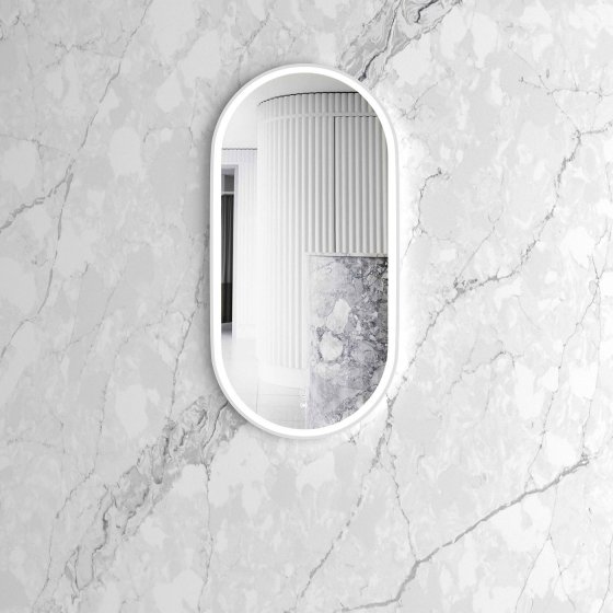 ArcQuay LED Noosa 900 H × 450 W white metal frame elongated rounded Tuffi mirror
