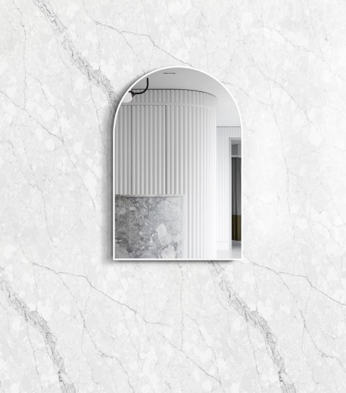 ArcQuay Archie 900 H × 600 W white metal frame arched Tuffi mirror