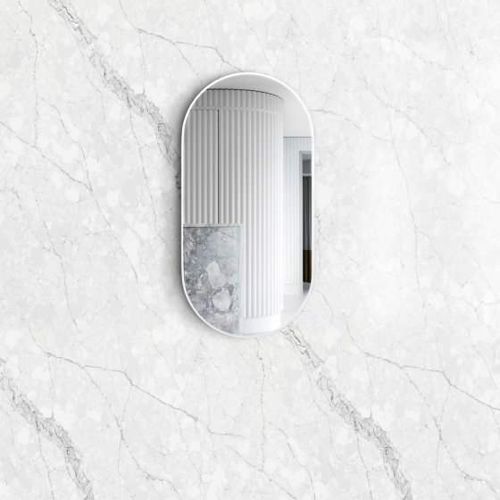 ArcQuay Noosa 900 H × 450 W white metal frame elongated rounded Tuffi mirror