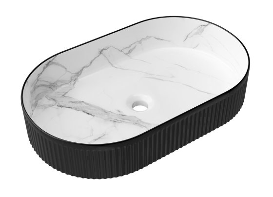 ArcQuay Kensington 560 × 350 × 120 matte black exterior with white carrara-look interior oval basin