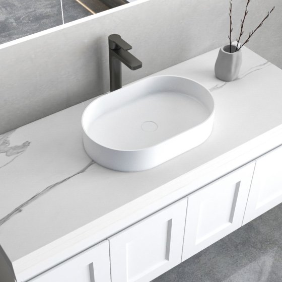 ArcQuay Noosa 585 × 385 × 110 matte white solid-surface oval vessel