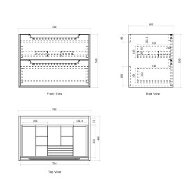 Byron 750 mm wandhangend wastafelmeubel, Sable Walnut – productaanzicht of modeltekening