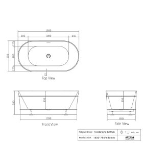Attica Bondi 1500 Matte White Bath with Overflow