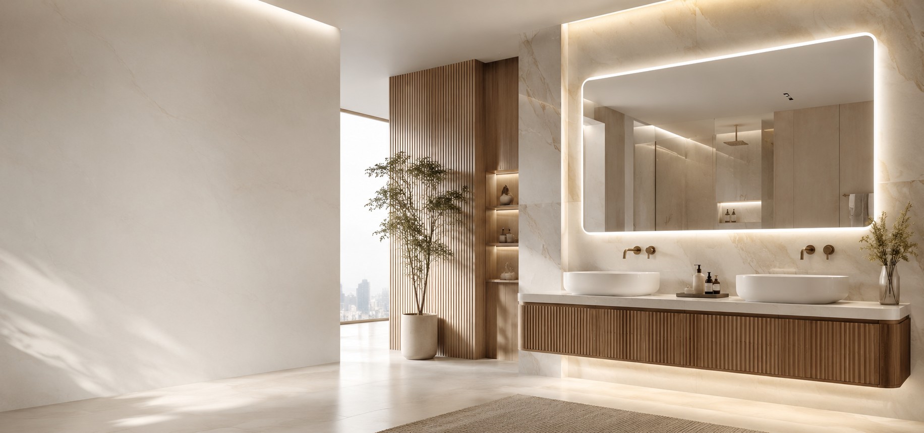 Double bathroom vanity with a large illuminated mirror in a contemporary interior