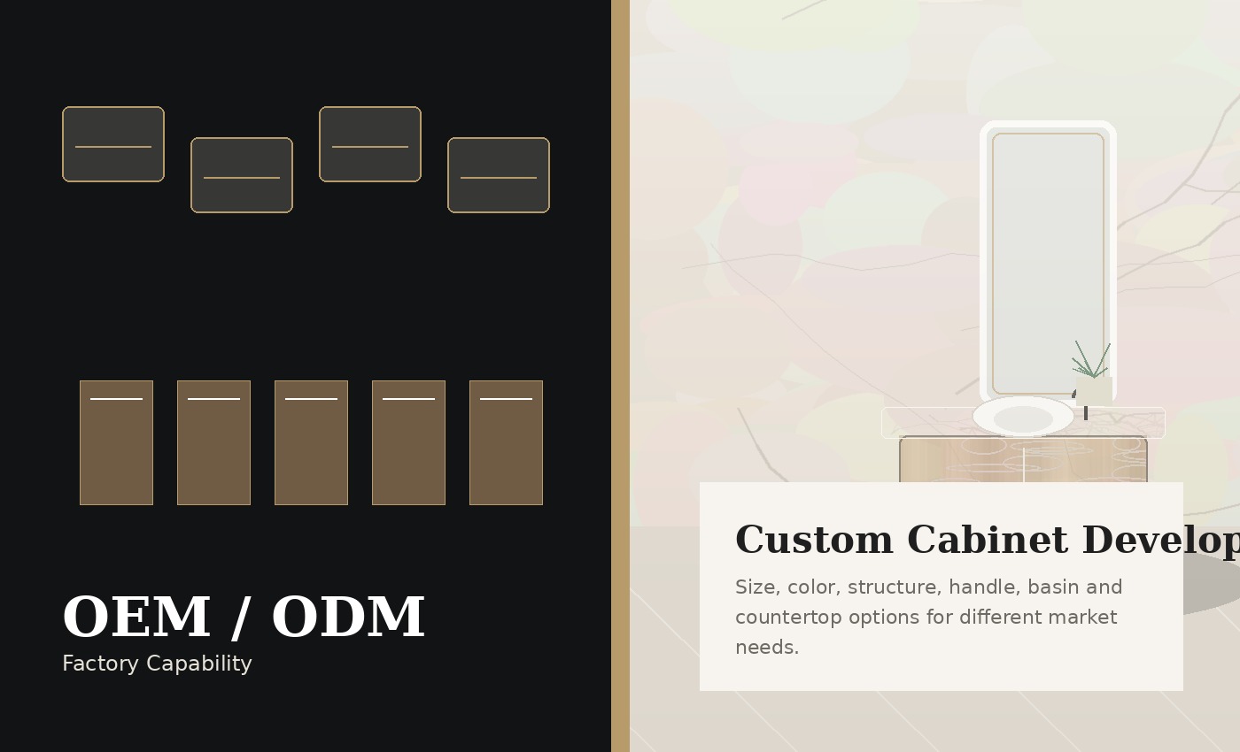 Bathroom cabinet materials and finish references arranged for OEM product development