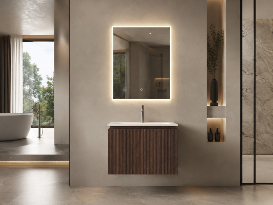 ArcQuay Xavier Walnut 800mm wall-hung bathroom vanity front view