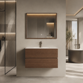 ArcQuay Quartz Walnut 900mm wall-hung bathroom vanity front view
