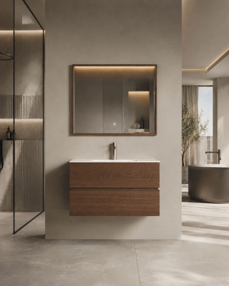 ArcQuay Quartz Walnut 900mm wall-hung bathroom vanity front view