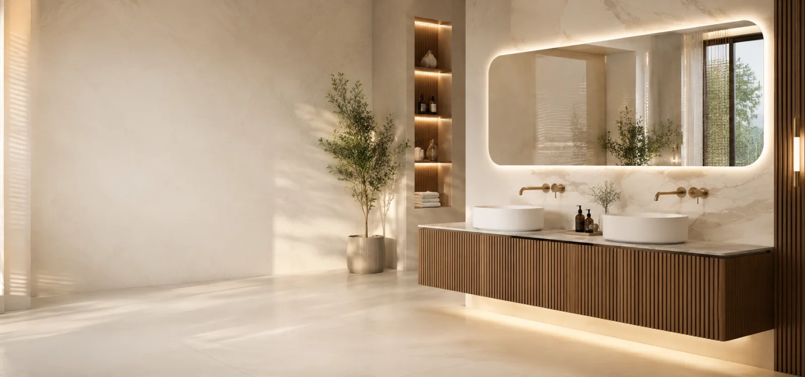 Contemporary bathroom with a wall-hung vanity and illuminated mirror for UAE hotel and villa projects