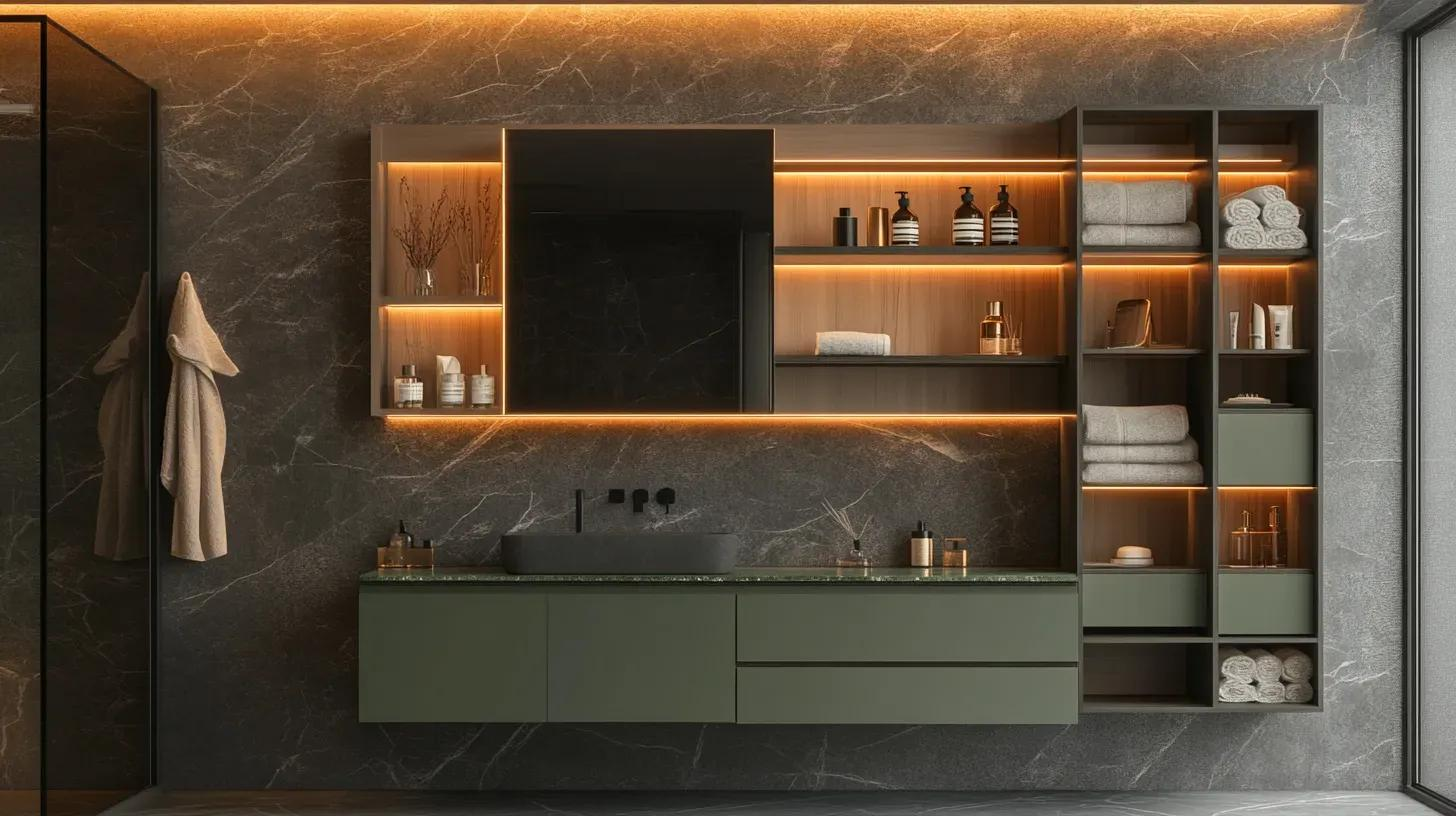 Bathroom vanity, storage and illuminated mirror in a contemporary dark interior