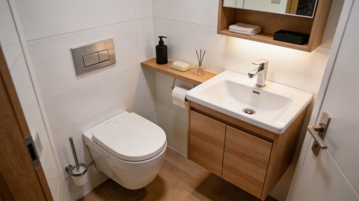 Contemporary apartment bathroom with coordinated vanity and mirror