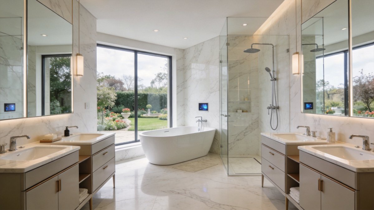 Villa bathroom with coordinated vanity, basin, storage and mirror